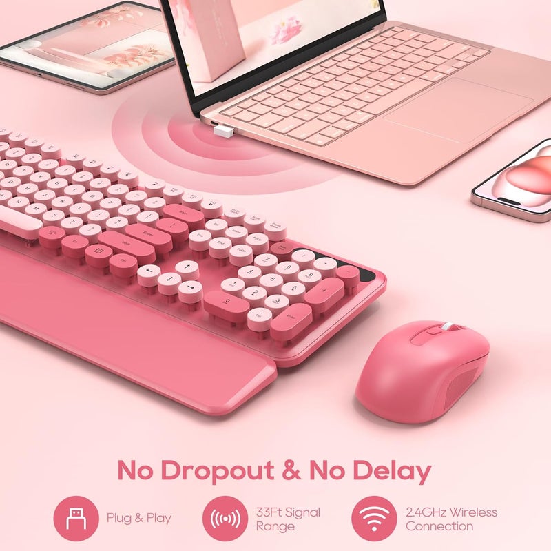 SABLUTE Wireless Keyboard and Mouse Combo - Round Keycaps, Full-Size Retro Typewriter Keyboard with Detachable Wrist Rest, Sleep Mode & Tilt Legs, 2.4GHz Cordless Connection for Mac/Windows/PC (Hot Pink) - Image 5